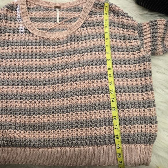 FREE PEOPLE Striped Oversized Chunky Cotton Knit Sweater Sz XS Pink Gray - Picture 11 of 12